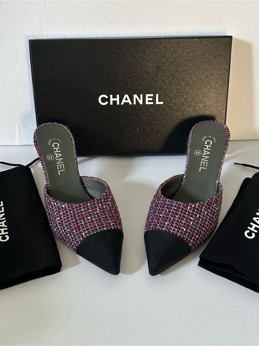 Chanel Tweed Interlocking Cc Logo Mules